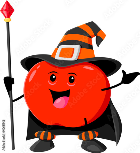Cartoon Halloween apple fruit mage, wizard or witch character. Isolated vector mischievous mage personage with cheerful face and a pointy hat, casting fruity spells with a staff in a whimsical orchard