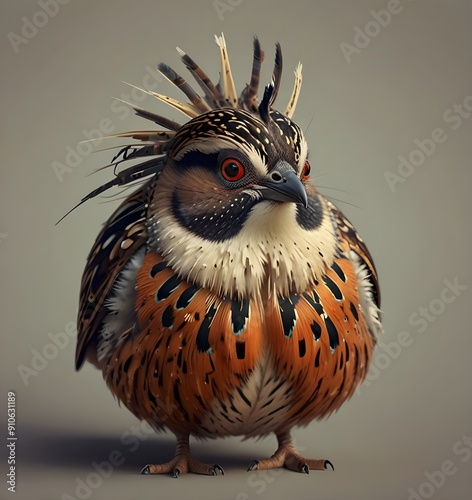 Crazy funny bird quail with ridiculous hair