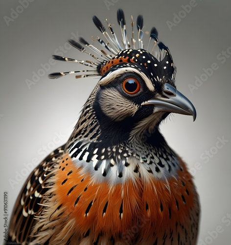 Crazy funny bird quail with ridiculous hair