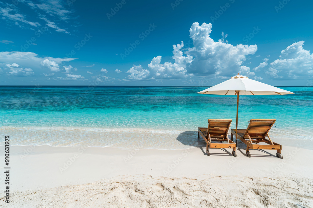 Two Wooden Chairs Under an Umbrella on White Sand Beach Overlooking Turquoise Water and Clear Sky, Captured in High Resolution, Showcasing the Serene Beauty of a Tropical Resort Vacation Two Wooden Chairs Under an Umbrella on White Sand Beach Overlooking Turquoise Water and Clear Sky, Captured in High Resolution, Showcasing the Serene Beauty of a Tropical Resort Vacation
