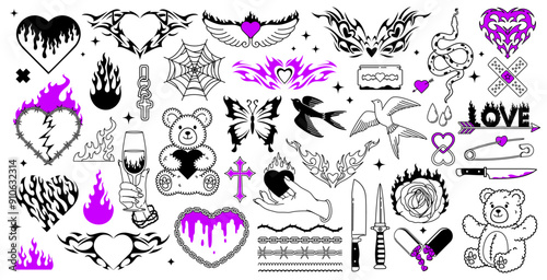 Y2K tattoo icons of hearts and gothic art symbols of love fire and birds, vector set. Tattoo with symbols of snake with cross and thorns chain with knife and dagger, rose flower or bear toy and tears