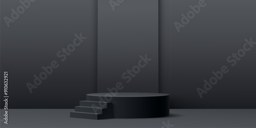 Grey podium stage with stairs, pedestal stage for product display, vector showcase. Premium luxury grey podium stage with stairs or ladder steps to platform pillar for showroom background