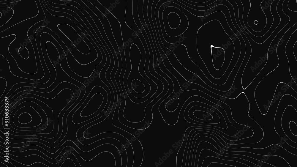 Abstract topographic contour map concept, cartography geographic terrain pattern design, topo wavy black and white mountain surface, liquid line art background animation