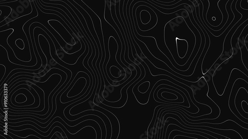 Abstract topographic contour map concept, cartography geographic terrain pattern design, topo wavy black and white mountain surface, liquid line art background animation