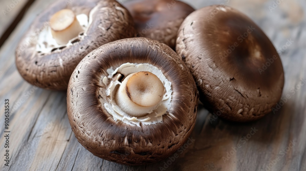Close-up of fresh portobello mushrooms on Close-up of fresh portobello mushrooms on