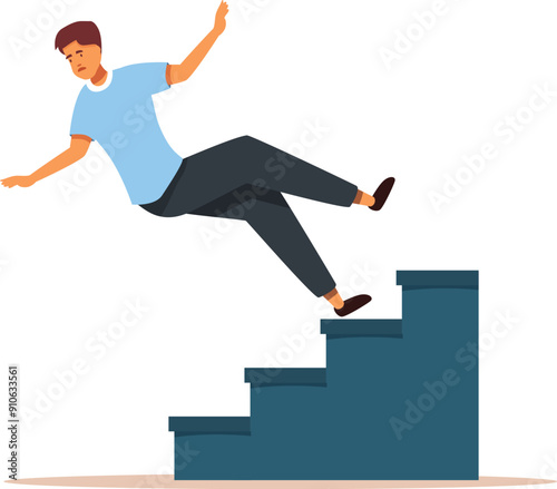 Young man is falling down some stairs, he is about to have a painful accident