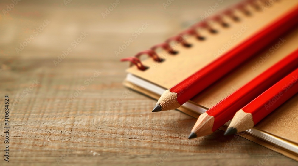 Obraz premium Red Pencils and Spiral Notebook on Wooden Surface