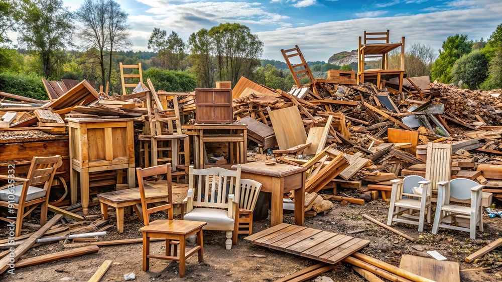 Old broken wooden furniture scattered on a waste dump site , abandoned ...