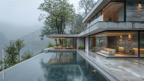 Modern Villa with Infinity Pool overlooking a Lake and Mountains