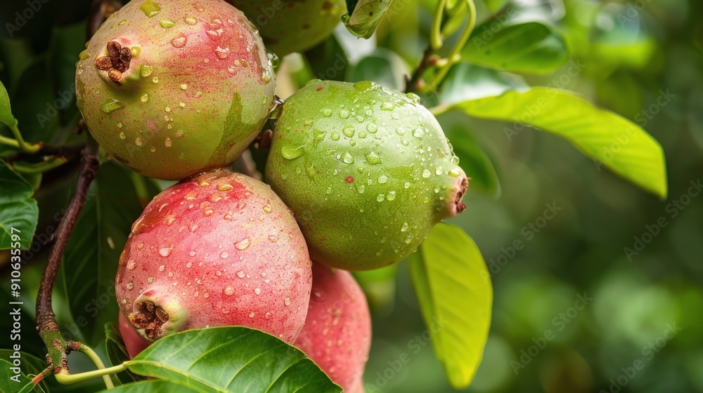 Guavas with water drops, red and green guavas on tree, close-up, wet tropical fruits, orchard, nature, tropical concept Guavas with water drops, red and green guavas on tree, close-up, wet tropical fruits, orchard, nature, tropical concept