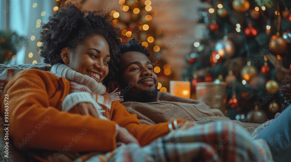 The couple relaxes in a cozy atmosphere, wrapped in blankets, surrounded by Christmas decorations and a glowing Christmas tree. Warm atmosphere and joy of communication during the holidays The couple relaxes in a cozy atmosphere, wrapped in blankets, surrounded by Christmas decorations and a glowing Christmas tree. Warm atmosphere and joy of communication during the holidays