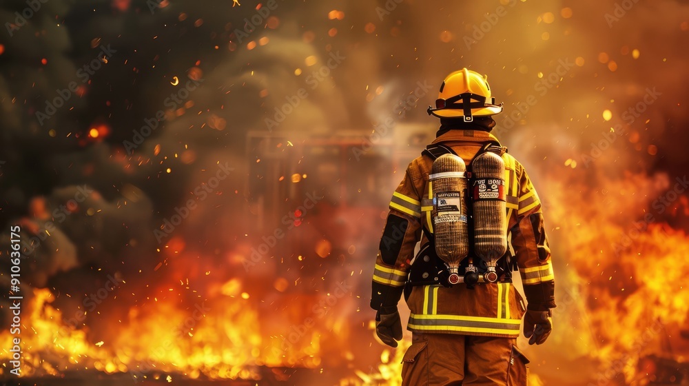 Firefighter Facing Blaze with Back to Camera Firefighter Facing Blaze with Back to Camera