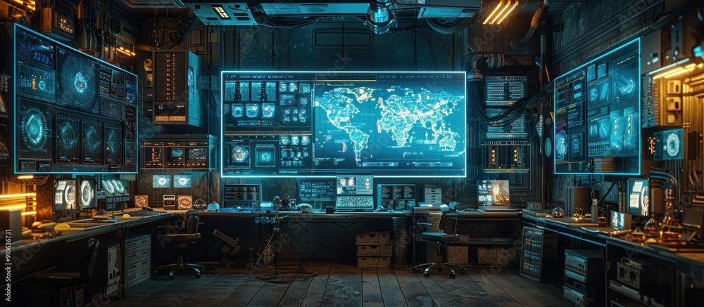 Futuristic Control Room with Monitors Displaying Global Data