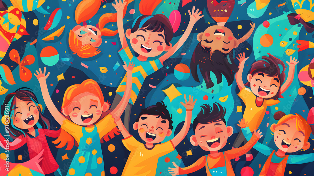 Happy boys and girls celebrate with laughter and colorful confetti at a funfilled party. Illustration of joyful children having a festive event together, full of happiness and cheer Happy boys and girls celebrate with laughter and colorful confetti at a funfilled party. Illustration of joyful children having a festive event together, full of happiness and cheer