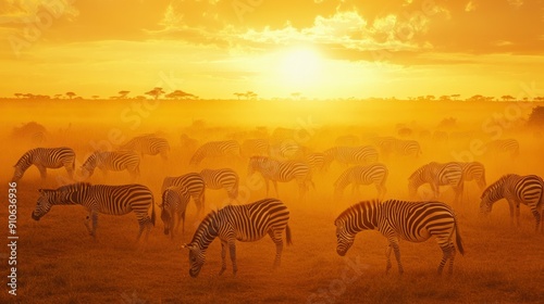 Herd of Zebras at Sunset in the African Savanna