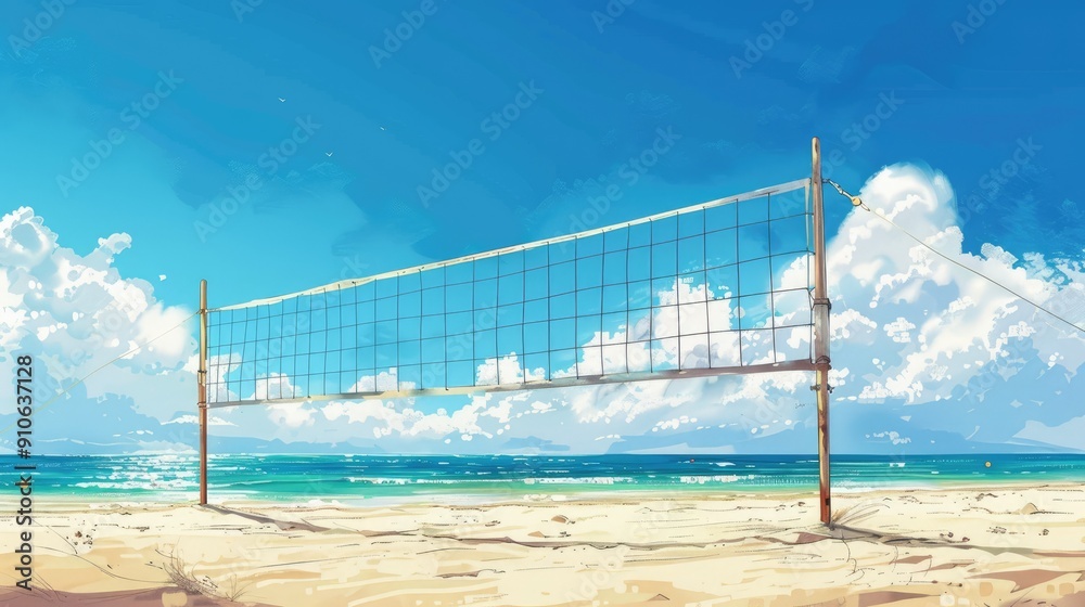 A Volleyball Net on a Sandy Beach Under a Blue Sky A Volleyball Net on a Sandy Beach Under a Blue Sky