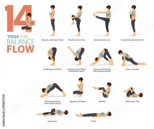 14 Yoga poses or asana posture for workout in balance flow concept. Women exercising for body stretching. Fitness infographic. Flat cartoon vector.