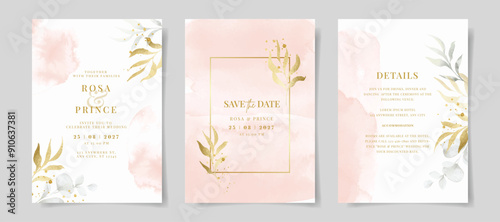 Elegant set of wedding invitation card template with watercolor and leaves decoration