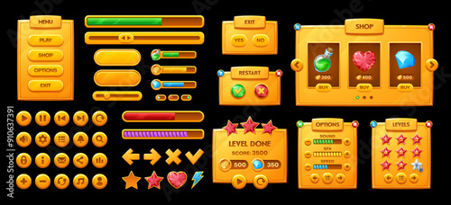 Golden game interface icons, GUI buttons and panels with loading bars, vector elements. Arcade game interface golden buttons, menu controls and score panel for level options and gamer user UI settings