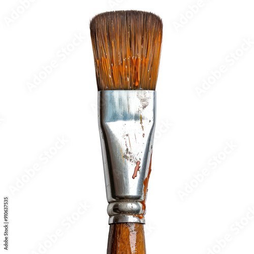 Close-up of a used artist's paintbrush, showcasing its bristles and worn handle, perfect for art and creativity themes. transparent background