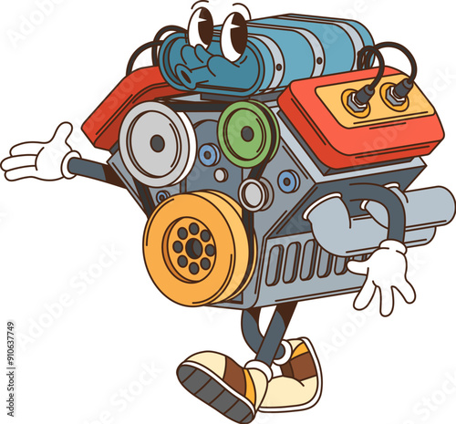 Retro groovy car engine character. Isolated cartoon vector engine features colorful parts and components, showing cheerful and inviting pose with expressive eyes. Fun, nostalgic automotive personage