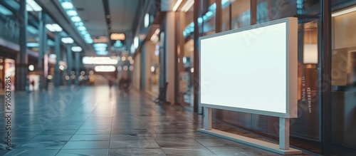 Blank Digital Advertising Billboard in Modern Shopping Mall with Bright Lights and Reflections