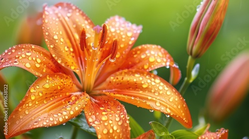 Close-up of an Orange Lily Covered in Water Droplets