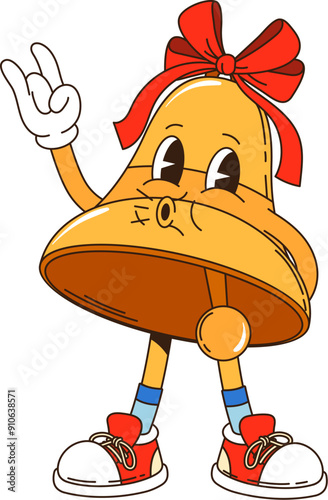 Retro groovy Christmas jingle bell character with a big red bow, striking a pose with a playful facial expression. Isolated cartoon vector golden bell with festive adornments exudes the holiday spirit