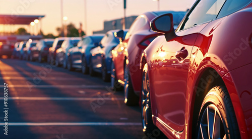 Wallpaper Mural Urban transportation and automotive concept, Parked cars in a line at sunset in a city parking lot Torontodigital.ca