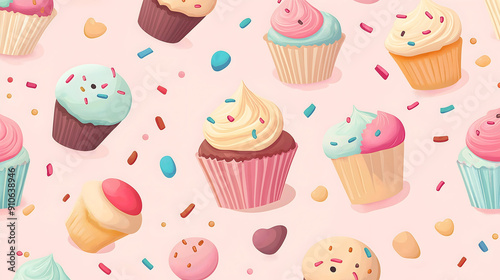 Whimsical Background Illustration of Cupcakes and Pastries in Pastel Cartoonish Style