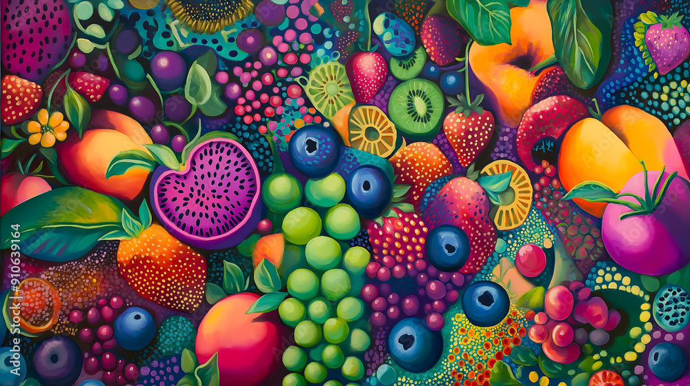 Vibrant Abstract Painting of Exotic Fruits and Berries in Surreal Colorful Style