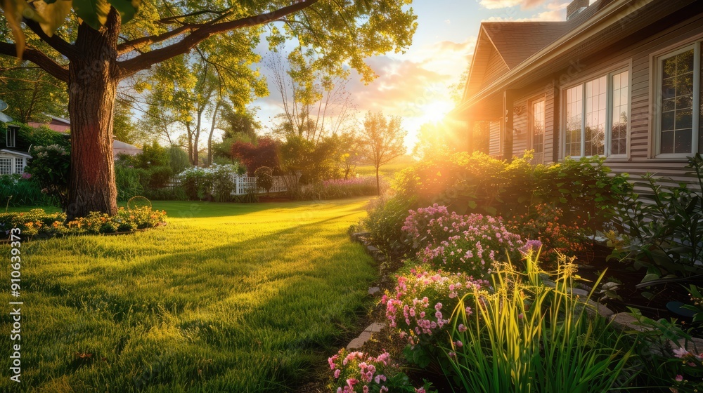 Fototapeta premium Sunset Illuminates a Lush Green Lawn with a House and Flowers