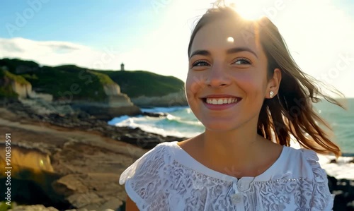 Portrait of a young woman in front of a lighthouse on a sunny day photo