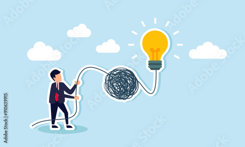 Simplifying complex business ideas to find solutions for chaotic situations, concept of Smart businessman untangles a messy line of ideas, simplifying problems to spark new solutions