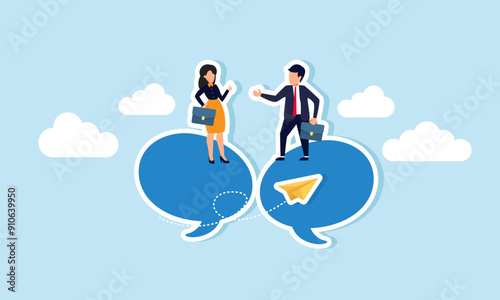 Work discussions involve sharing ideas, sending messages, and find solutions, concept of Businessman and woman engaged in a conversation within chat speech bubbles