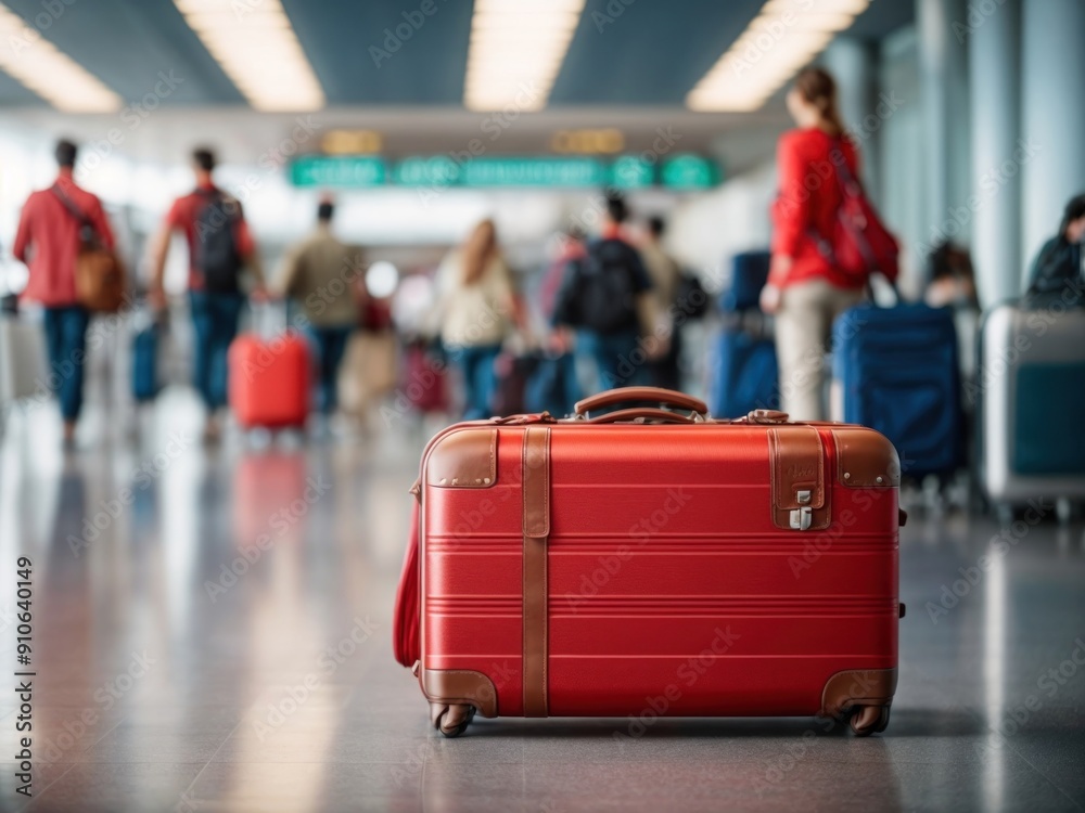 red suitcase in airport departure lounge on airplane red suitcase in airport departure lounge on airplane