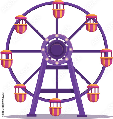 Colorful ferris wheel with purple spokes and yellow cabins is standing still, waiting for passengers