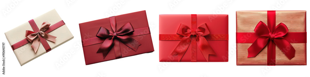 A collection of beautifully wrapped gifts in red and white with elegant bows, perfect for celebrations and special occasions. transparent background