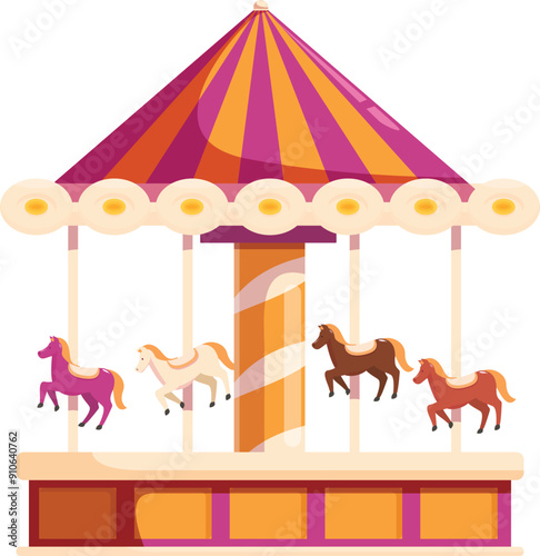 Colorful merry go round with horses turning on platform with striped awning, entertainment attraction