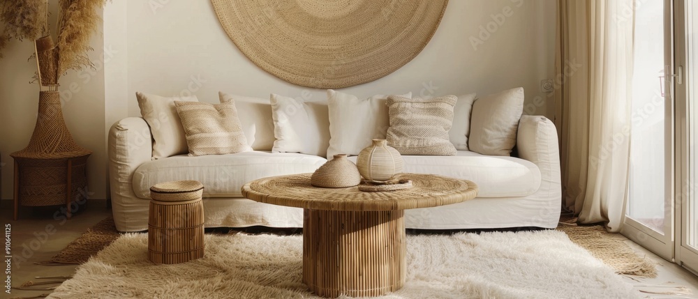 Obraz premium Cozy modern living room with beige sofa, wooden coffee table, and natural decor elements. Warm and inviting interior design.