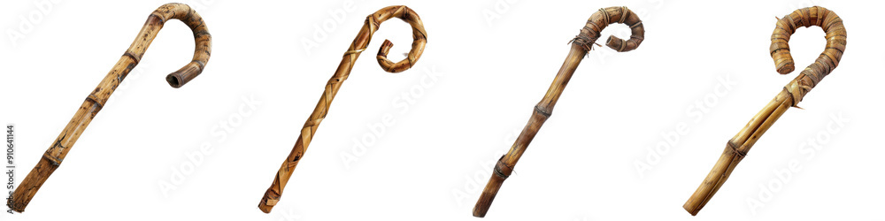 Obraz premium A collection of rustic wooden walking sticks showcasing unique designs and textures, perfect for outdoor enthusiasts and decor. transparent background