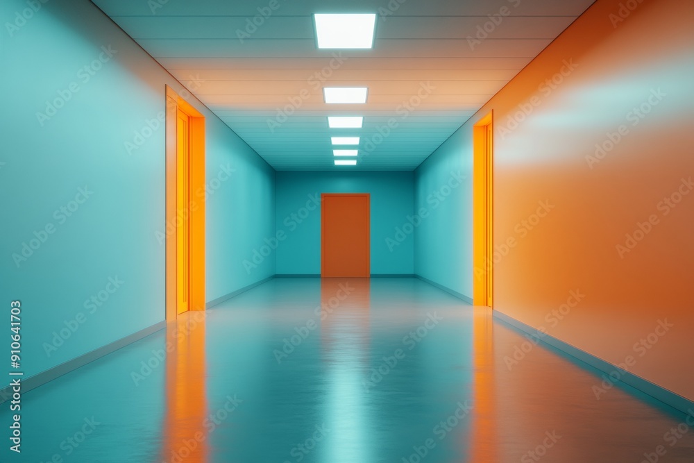Obraz premium Empty Modern Corridor with Dark Shadows and Bright Light at the End – Isolated, Uneasy Mood – Nighttime Anxiety and Fear
