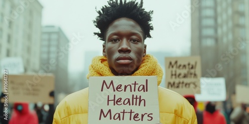 Young Black Man Protesting for Mental Health Awareness Holding Mental Health Matters Sign at Daytime Rally in Urban Area photo