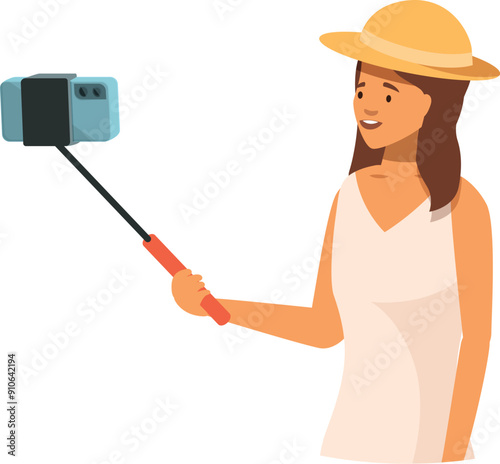 Young woman is taking a selfie with a monopod and smartphone while smiling