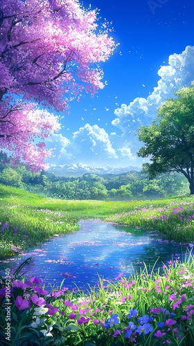 A beautiful cartoon style illustration of a landscape with pond, trees, and mountains. 