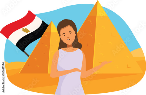 Tour guide is presenting the egyptian pyramids while holding the national flag