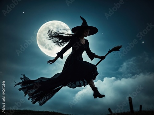 Silhouetted witch flying on broom against a full moon photo