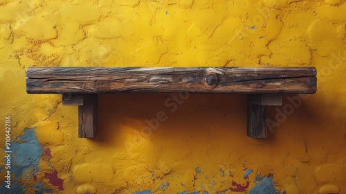 Rustic Wooden Shelf Against Yellow Wall