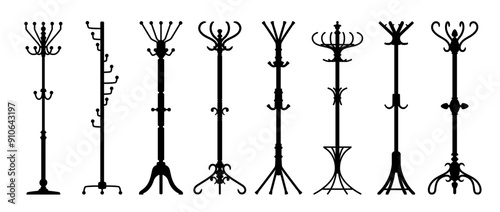 Coat and hat racks, vector set of black hanger silhouettes, showcasing traditional and modern styles. Elegant and classic interior pieces for hanging clothes and decorating home hallways