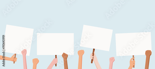 Hands hold blank protest signs, representing a community gathering. People from the community raise banners with their united message. Hand display placards to show strength and solidarity.